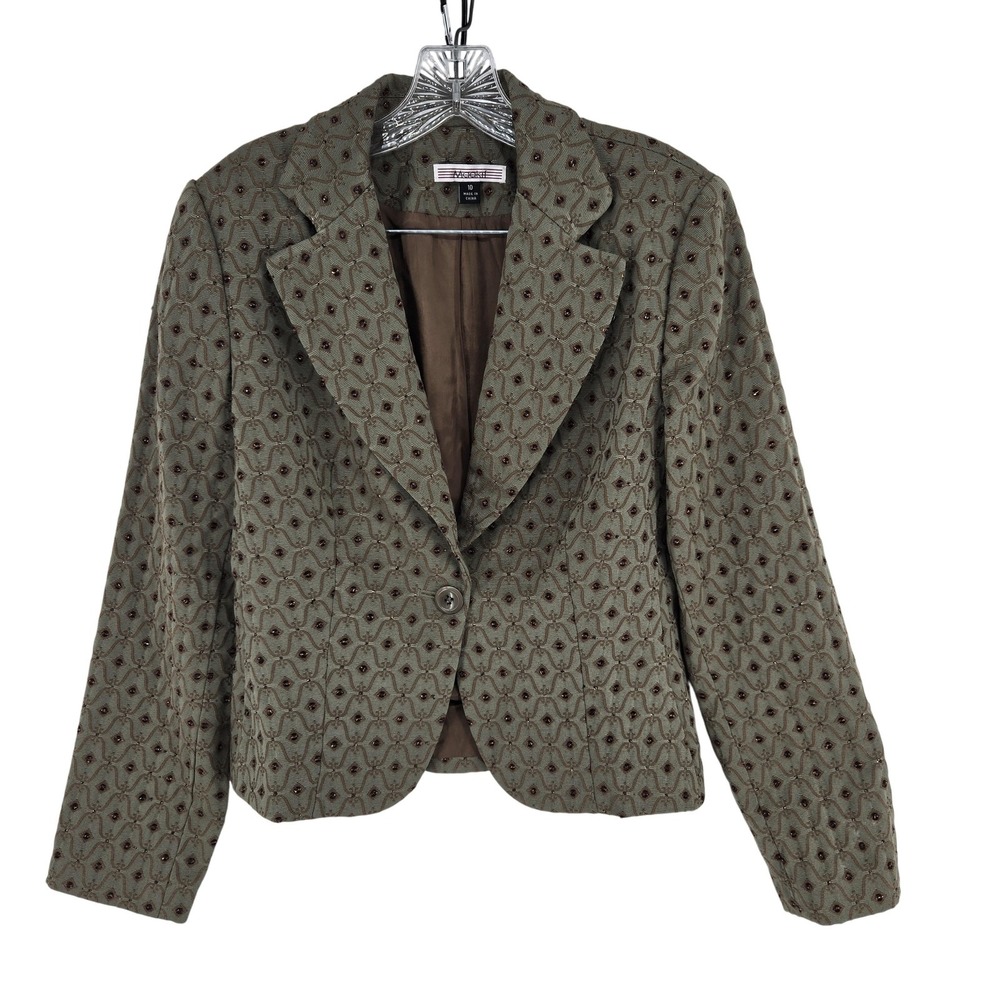 Masaii Blazer Womens Size 10 Green Brown Embroidered Metallic Lined Midi Jacket